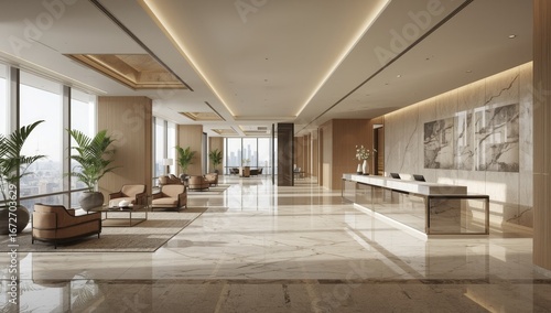 Luxurious hotel lobby with modern design marble floors plush seating and abundant natural light creating an inviting and sophisticated atmosphere for guests