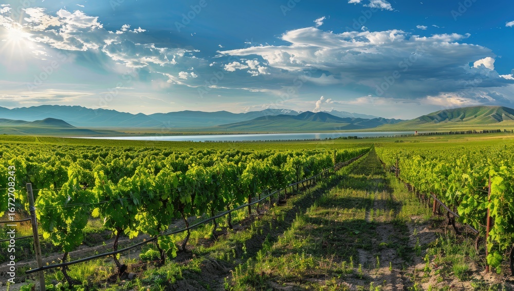 Fototapeta premium Vineyard valley sunset, lake view, agriculture