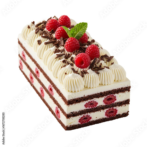 Raspberry cake is topped with whipped cream, chocolate shavings, and mint leaves on its rectangle shape.