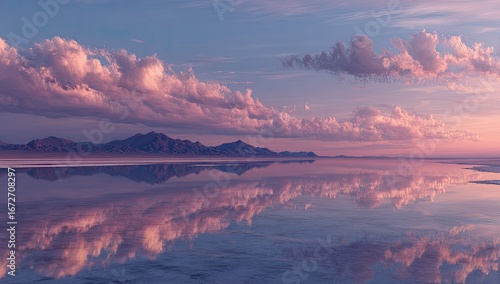 Pink sunset reflecting on calm desert lake, mountains background, peaceful scene, travel poster