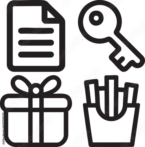 Minimalist Line Icons Of Document Key Gift Box And French Fries Isolated On White Background For Modern Design Elements