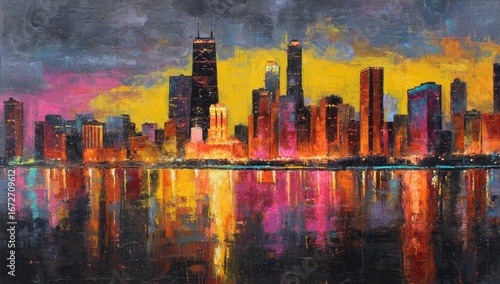 Vibrant Chicago sunset cityscape reflection, lakefront, urban art print