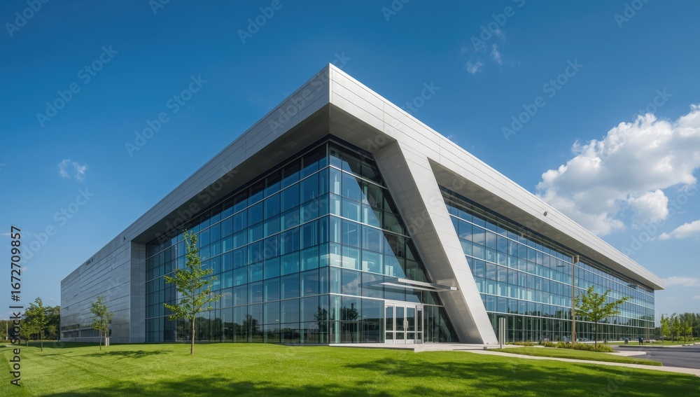 Obraz premium Modern architectural marvel featuring a striking glass facade and angular concrete structure under a bright blue sky with scattered clouds