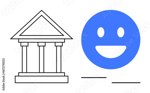 Classical building icon next to a cheerful bright blue happy face. Ideal for governance, public service, accessibility, modern design, user satisfaction, technology, simple landing page