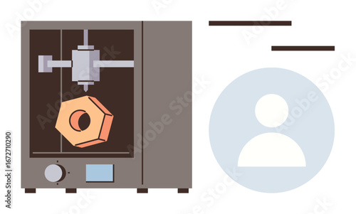 3D printer crafting a hexagonal object, alongside user profile graphic. Ideal for technology, innovation, manufacturing, engineering, design, creativity education. A simple flat metaphor