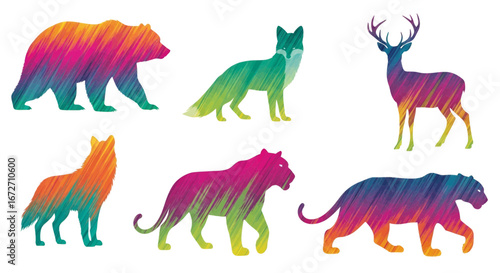 Vibrant wild animals collection showcases colorful bear, fox, deer, wolf, and tigers in modern artistic designs for nature lovers and creative projects