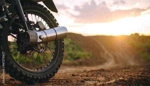 Dirt bike on a dusty trail at sunset