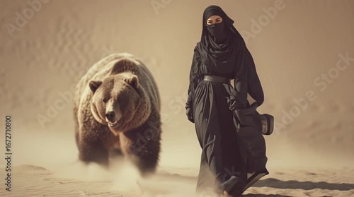 A big Bear walks next to a Muslim woman in the desert generative ai