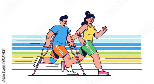 Inspiring pair overcoming challenges together, one walking with crutches while the other offers support and encouragement.