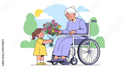 Joyful child presents vibrant bouquet to smiling grandmother in wheelchair outdoors, celebrating love and connection