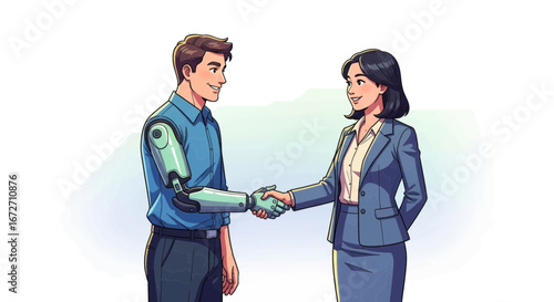 Man with robotic arm and businesswoman shake hands, symbolizing future collaboration and technological integration in business