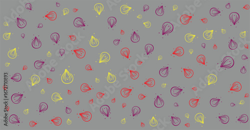 Abstract pattern of colorful teardrop shapes scattered on a gray background, creating a whimsical and artistic design.