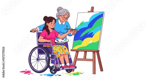 An elderly woman assists a young woman in a wheelchair with painting on a canvas, showing support, mentorship, and creativity.