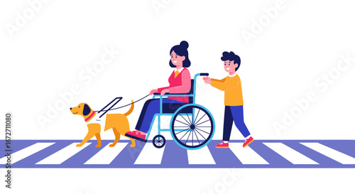 Illustration of a woman in a wheelchair, a boy, and a service dog crossing a street at a crosswalk.