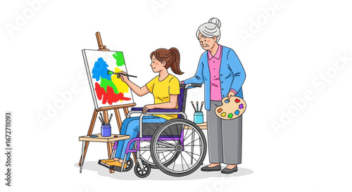 A young woman in a wheelchair learns to paint on a canvas with an easel, guided by an elderly art teacher.