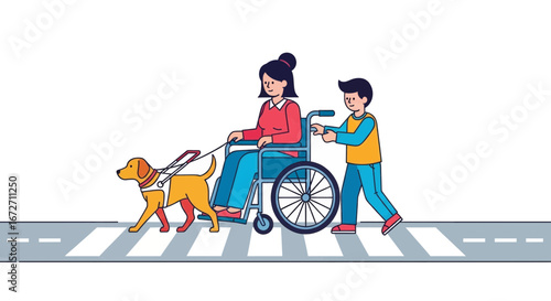 A boy pushes a woman in a wheelchair with her guide dog as they safely cross the street on a crosswalk.