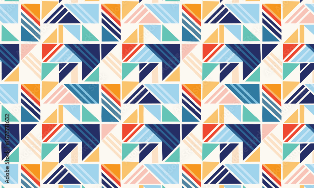 Fototapeta premium Colorful Abstract Geometric Seamless Pattern with Triangles and Stripes