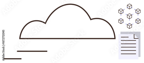 Cloud outline with floating document and blockchain network cubes. Ideal for data storage, blockchain technology, document management, cloud computing, digital security, IoT, simple flat metaphor