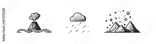 Three weather icons depicting volcano eruption rain and snow over mountains in a row format image