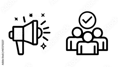 Megaphone with sparkles and group of people with checkmark above their heads illustration