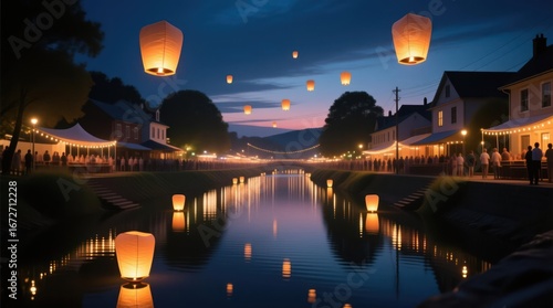 A canal town at twilight, lit by lanterns