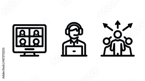 Icons representing virtual meeting, support operator, and team collaboration with shared vision