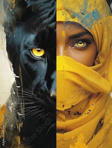 A girl with yellow eyes and a black panther split generative ai