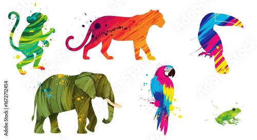 A collection of colorful jungle animal silhouettes with a watercolor paint splatter effect.