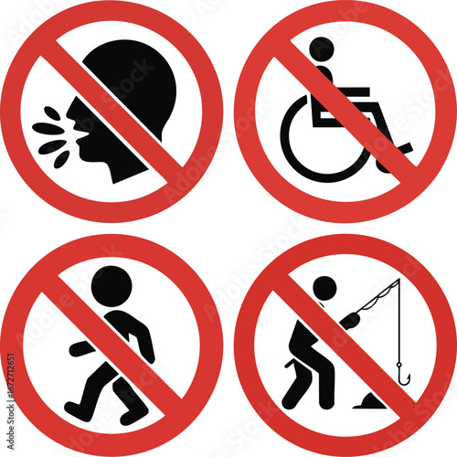 Prohibition Signs Showing No Spitting No Wheelchair No Walking And No Fishing Silhouette Black Icons Inside Red Circle Warning