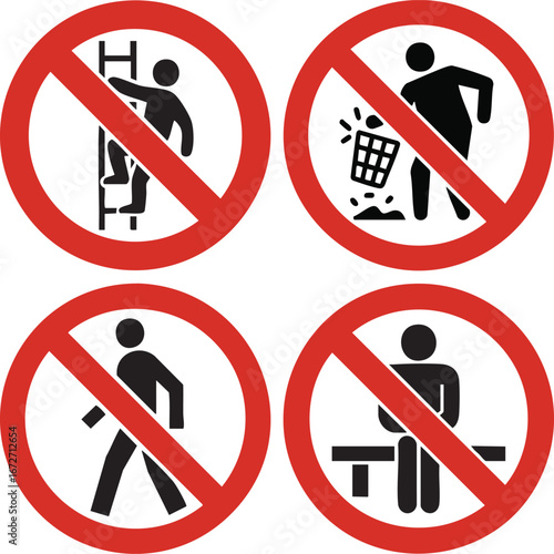 Prohibition Signs Showing No Climbing No Littering No Walking And No Sitting Silhouette Black Icons Inside Red Circle Warning