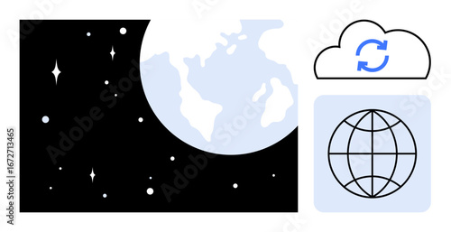 Earth view in space with stars, cloud featuring data sync icon, and a globe grid. Ideal for global communication, technology, sustainability, networking, data exchange, innovation simple flat