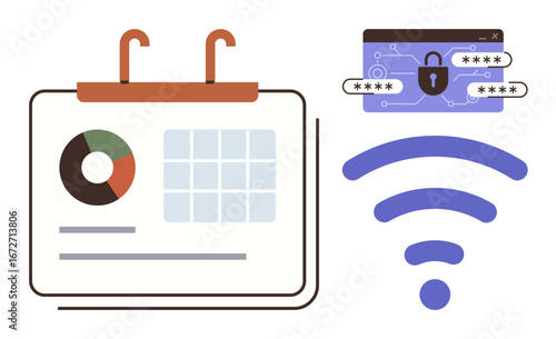 Calendar with pie chart and data grid, secure password-protected browser, and wireless signal icon. Ideal for digital business, cybersecurity, data analytics, technology, networking, internet
