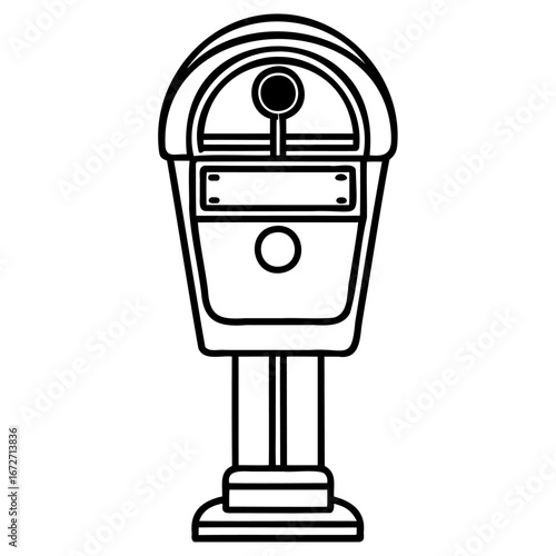 A simple line drawing of a classic parking meter on a pole, isolated on a