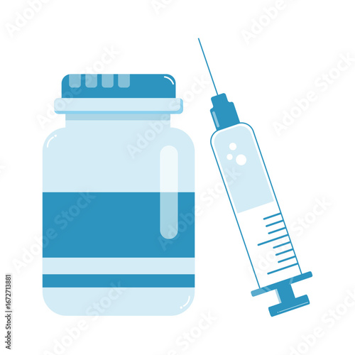 Vector illustration of a medicine bottle and syringe in flat design style. Concept of vaccination, healthcare, medical treatment, pharmacy, and pharmaceutical products. Suitable for medical, hospital,