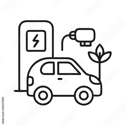 Electric car charging at station with plug and plant symbol for eco friendly transportation concept
