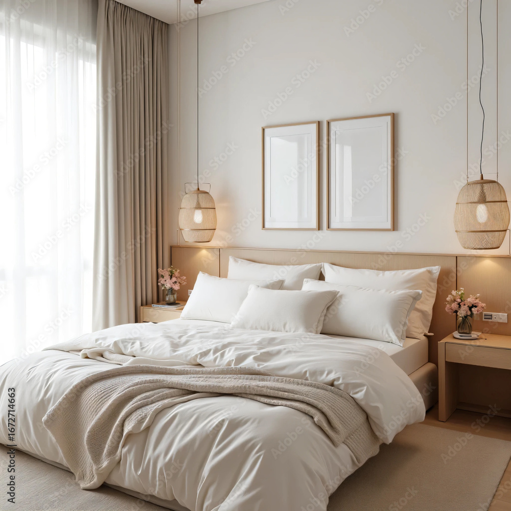 Obraz premium Modern minimalist bedroom interior with white bedding, wooden headboard, soft beige blanket, and woven rattan pendant lamp. Cozy and bright atmosphere with natural light through sheer curtains.