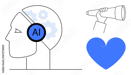 Human head with brain as gears labeled AI, hand holding telescope for exploration, blue heart symbolizing compassion. Ideal for technology, AI ethics, innovation, future vision, teamwork, compassion