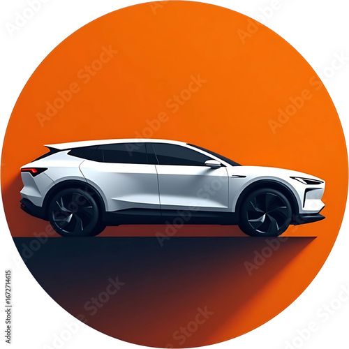 Futuristic white concept SUV shown in a sleek side profile against a vibrant orange circular backdrop, representing automotive innovation and design