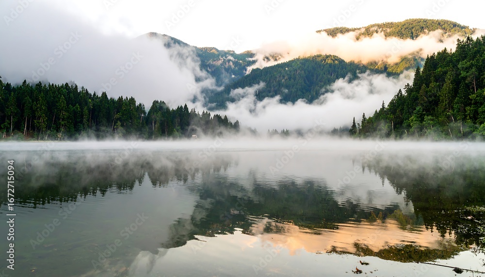 Fototapeta premium Misty morning light blankets a serene lake, surrounded by dense forests and rolling hills.