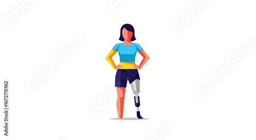 Empowered woman with a prosthetic leg standing tall, A stylish illustration of a confident woman with a disability