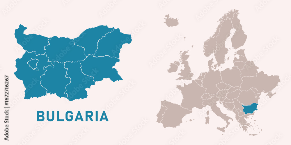 Obraz premium Map of Bulgaria with administrative divisions and highlighted position on Europe map. Isolated on white background. Vector illustration.