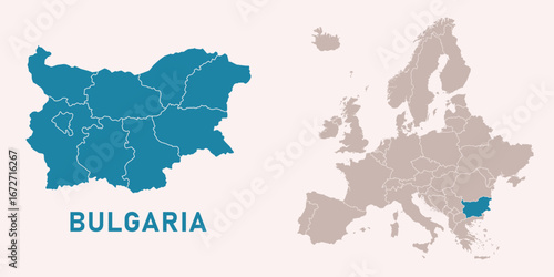 Map of Bulgaria with administrative divisions and highlighted position on Europe map. Isolated on white background. Vector illustration.