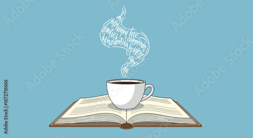 A steaming cup of coffee rests on an open book, with musical notes swirling in the steam, suggesting a moment of quiet contemplation and enjoyment.