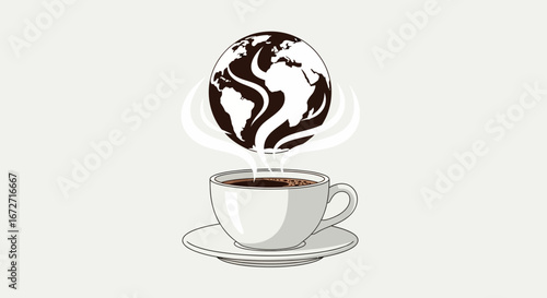 A stylized illustration of a coffee cup with a world map graphic floating above it, suggesting global coffee consumption.