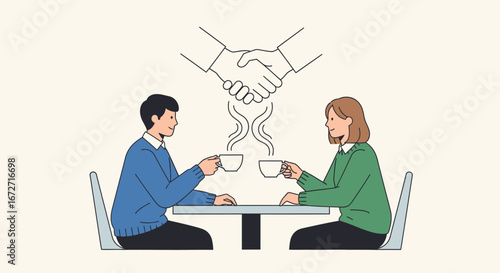 Business partners enjoy coffee together, symbolizing a successful deal and partnership.