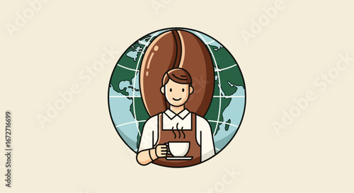 Smiling barista holding coffee cup, global coffee bean backdrop.