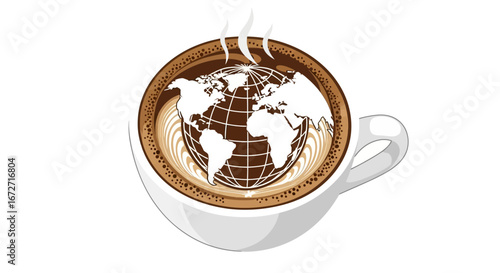 A steaming cup of coffee with a detailed Earth globe artfully depicted in the frothy crema, symbolizing global coffee culture and international beverage enjoyment.