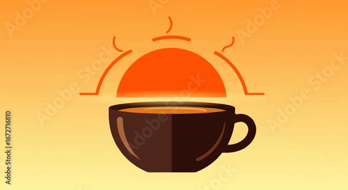 A steaming cup of coffee with a stylized sunrise emerging from its surface, symbolizing a bright morning start.