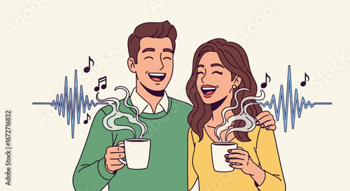 A joyful couple shares a moment of happiness, holding steaming mugs of coffee while surrounded by musical notes and sound waves, suggesting a shared experience of music and warmth.