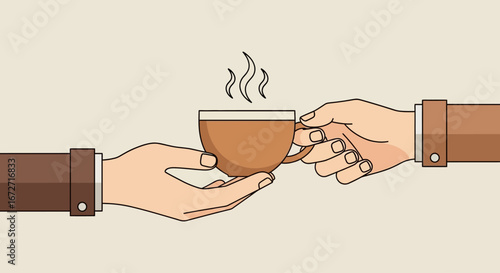 Two hands exchanging a steaming cup of coffee, symbolizing connection and shared moments.